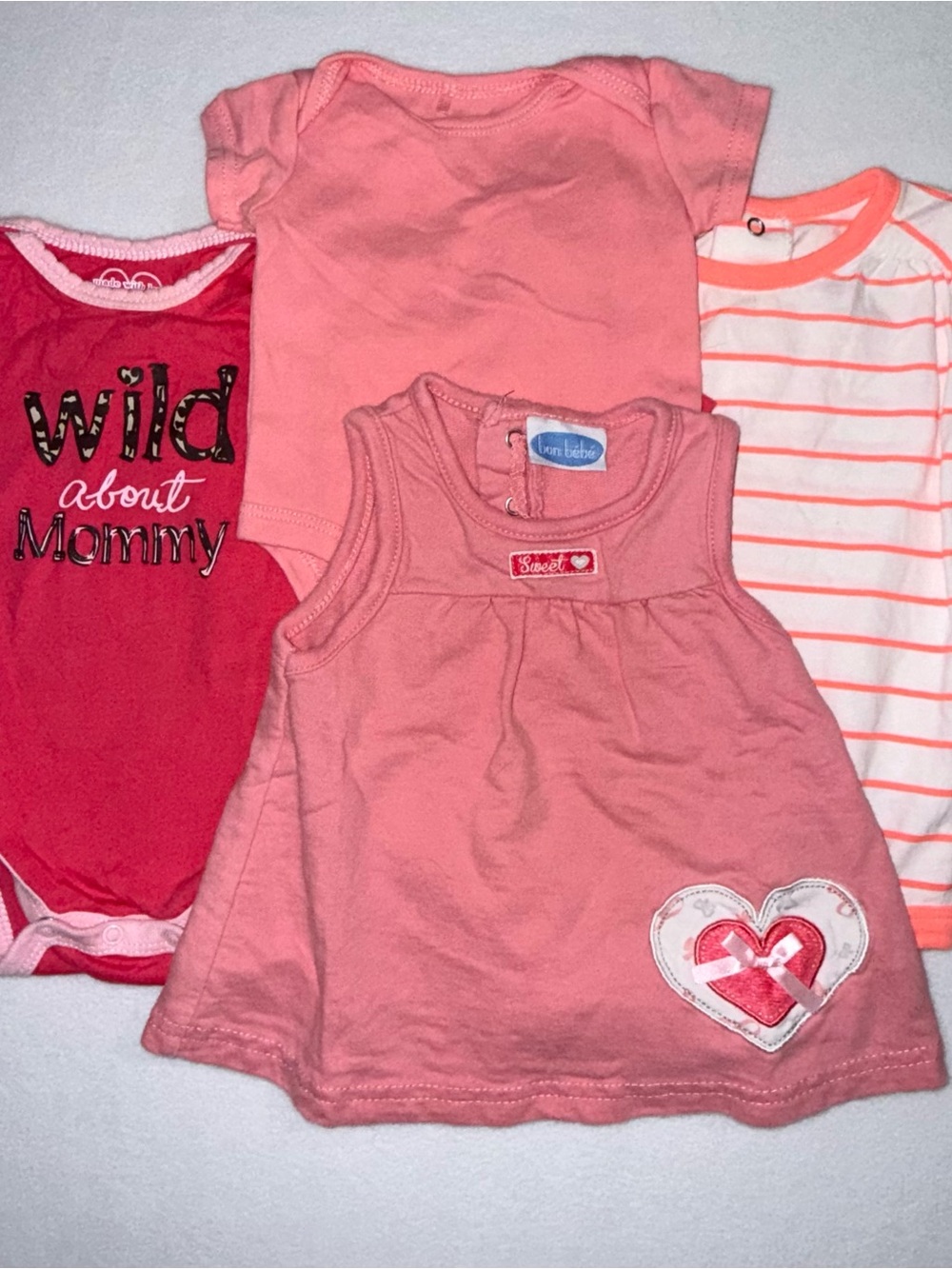 Bundle of 4 Size 0 - 3 month Dress & 3 Onesies GUC